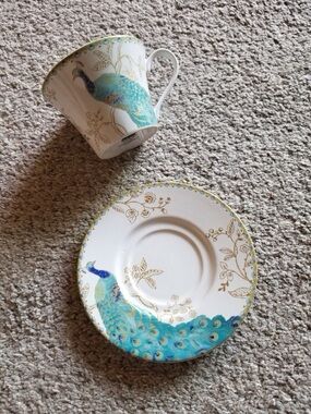 Blue Peacock Teacup and Saucer Set - Elegant Floral Accent